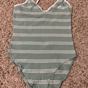 Sage green and white striped v neck body suit